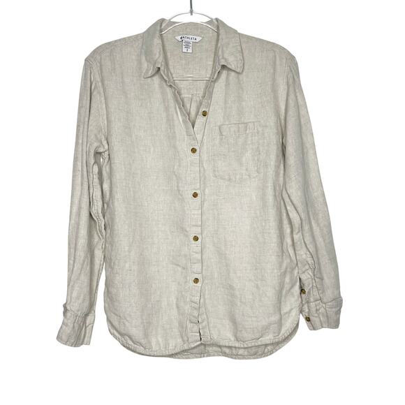ATHLETA Retreat Linen Top Button Up Long Sleeve Shirt Relaxed Fit Beige Womens S - Picture 3 of 8
